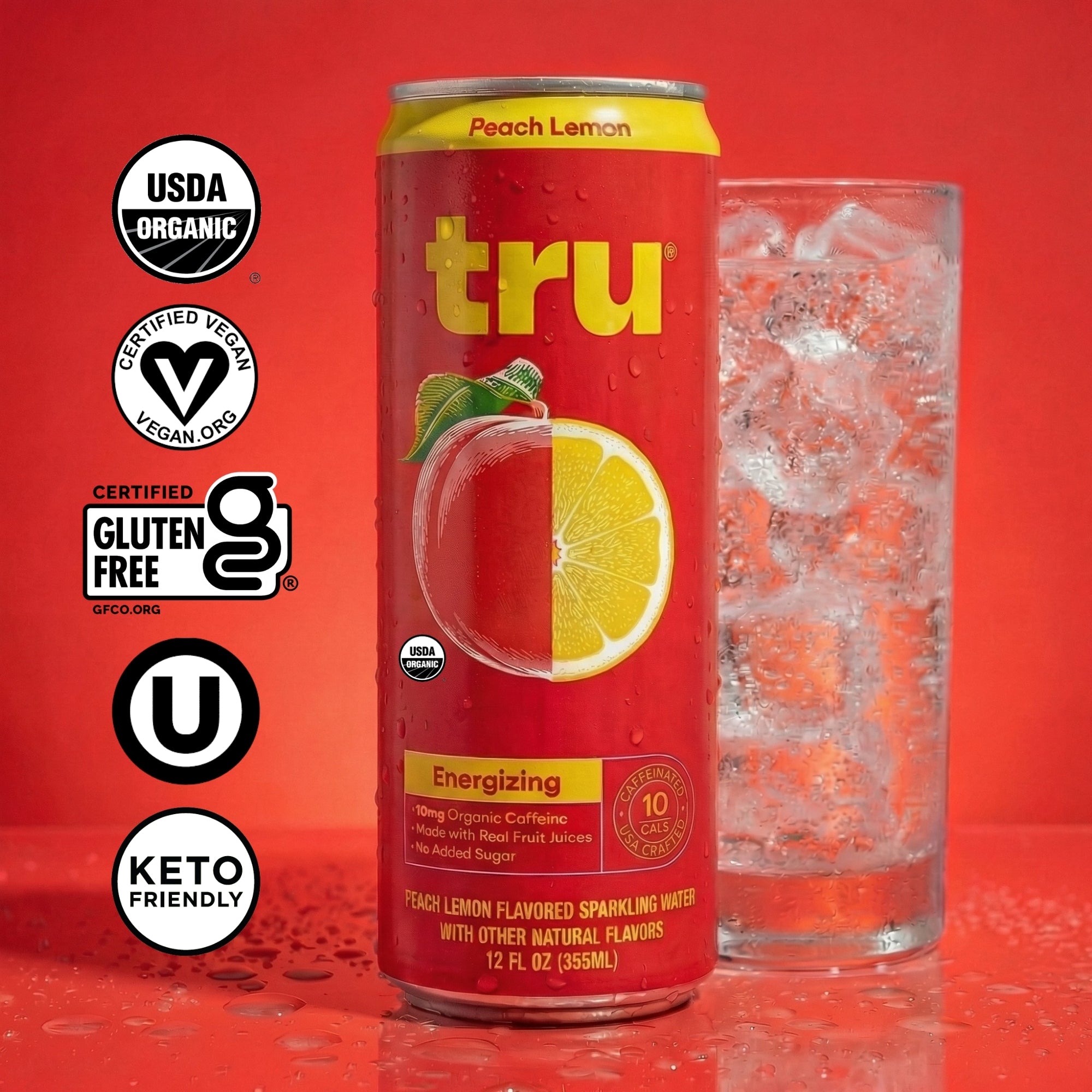 Peach Lemon Organic Sparkling Energy Drink, 12-Pack | Tru